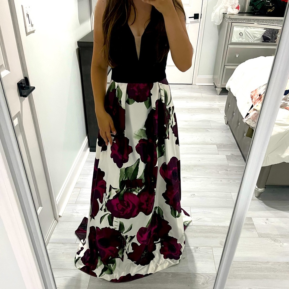 Long Floral Bottom Black Top Dress